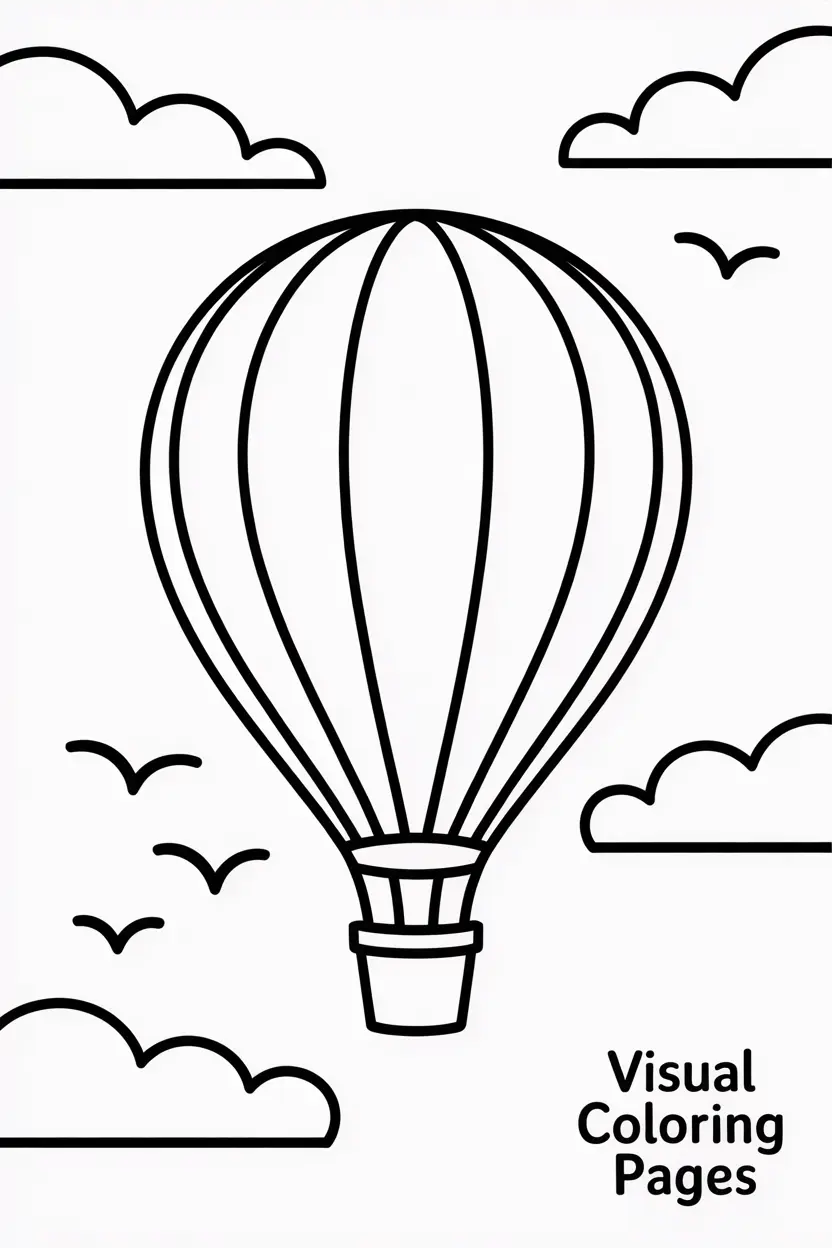 hot air balloon with simple stripes floating in the sky with birds