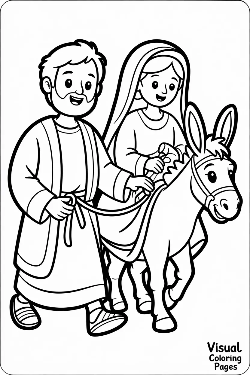 joseph and mary walking with a donkey