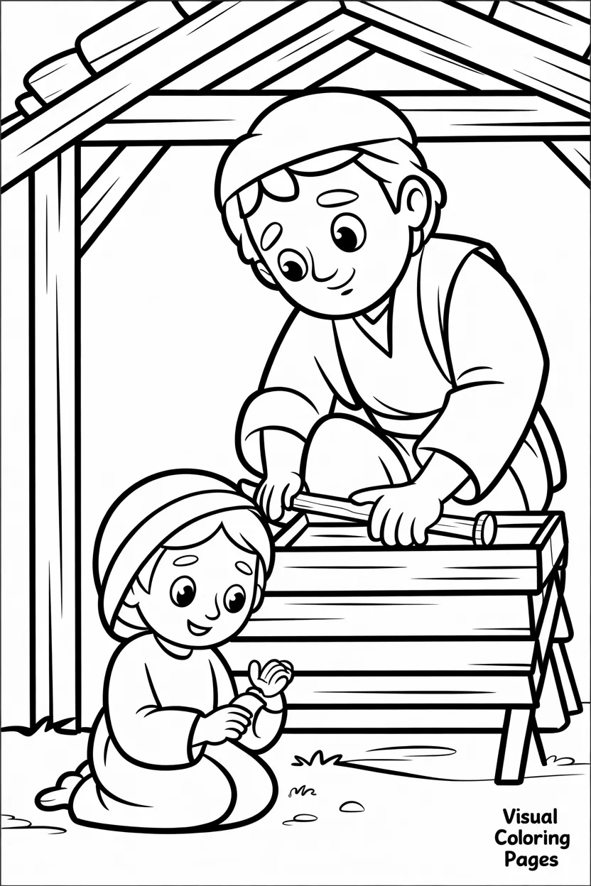 joseph building the stable with wooden tools mary resting nearby