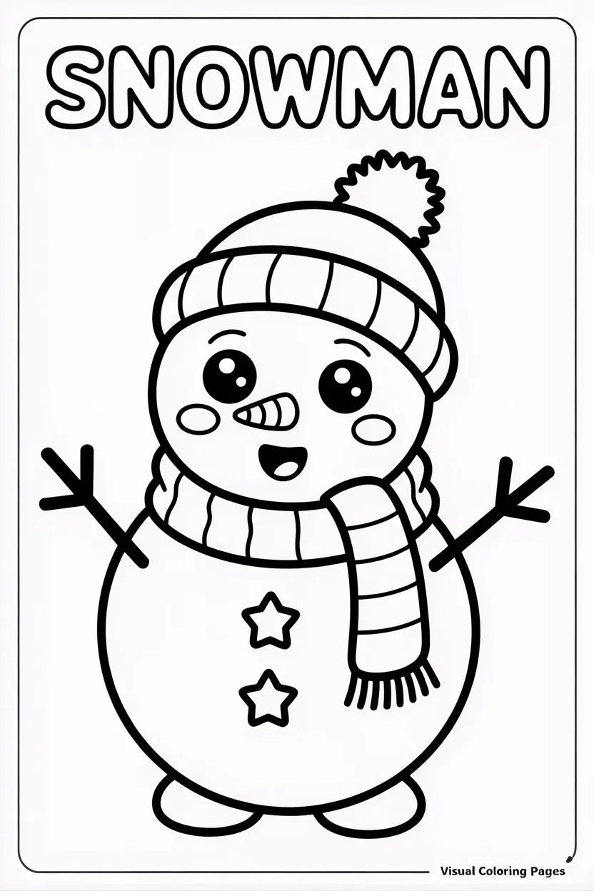 kawaii snowman with scarf and beanie standing in the snow coloring page for preschoolers