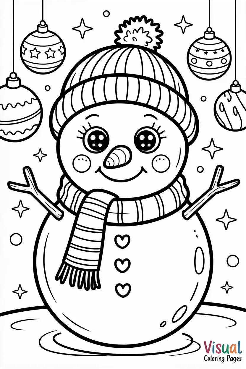 kawaii snowwoman with heart buttons and hanging ornaments coloring page for kids
