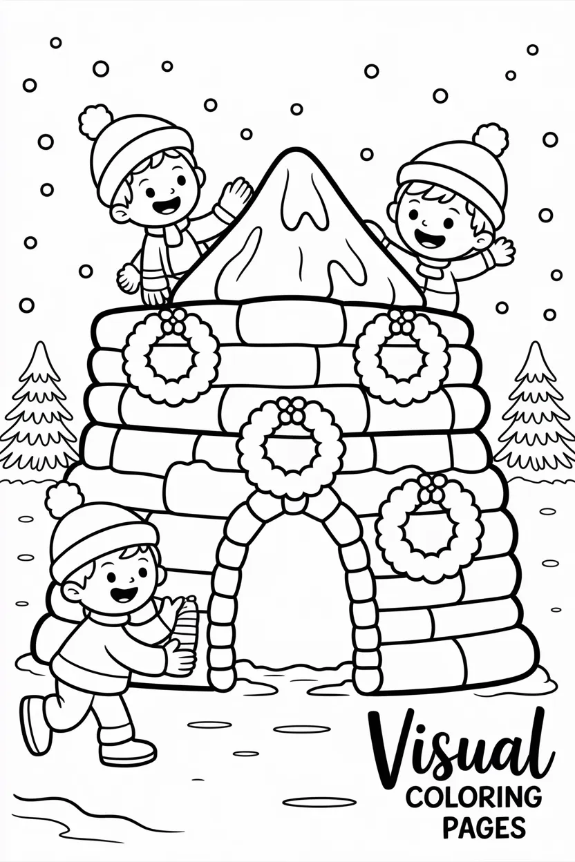 kids building a giant snow fort decorated with wreaths