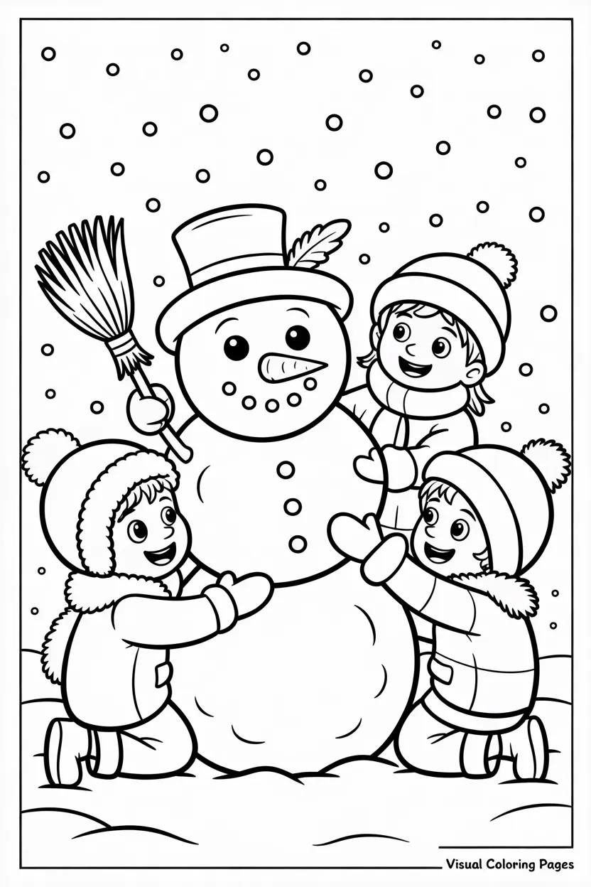 kids decorating a snowman to color