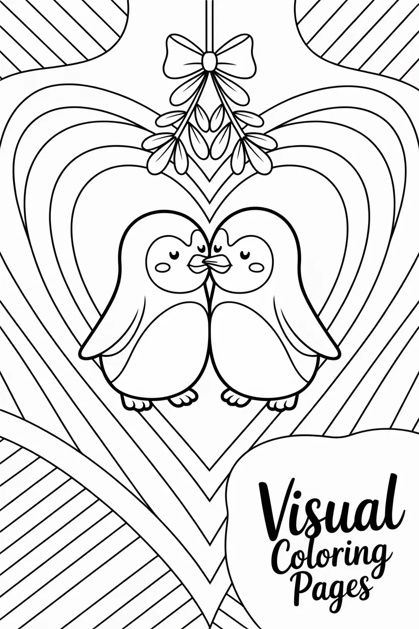 kissing penguins under mistletoe with heart background coloring page for kids