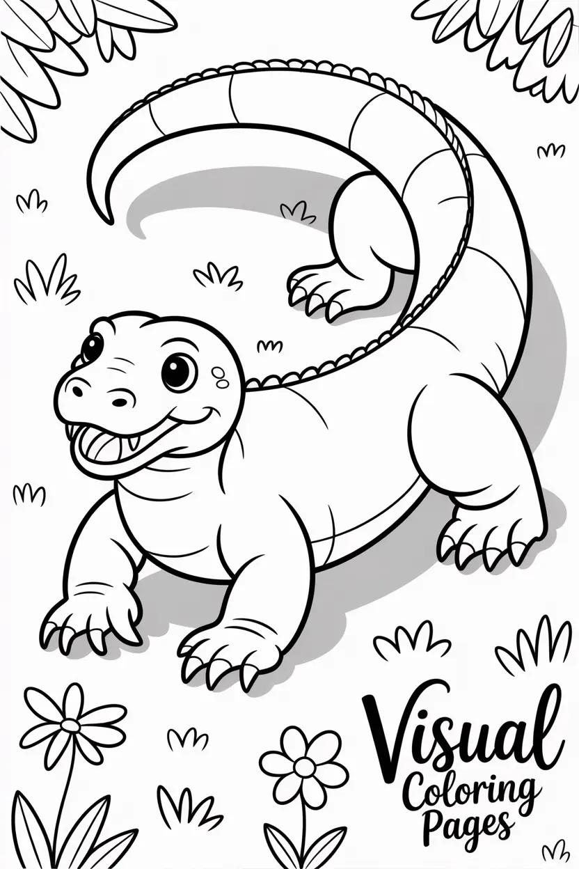 komodo dragon crawling happily on grass with flowers