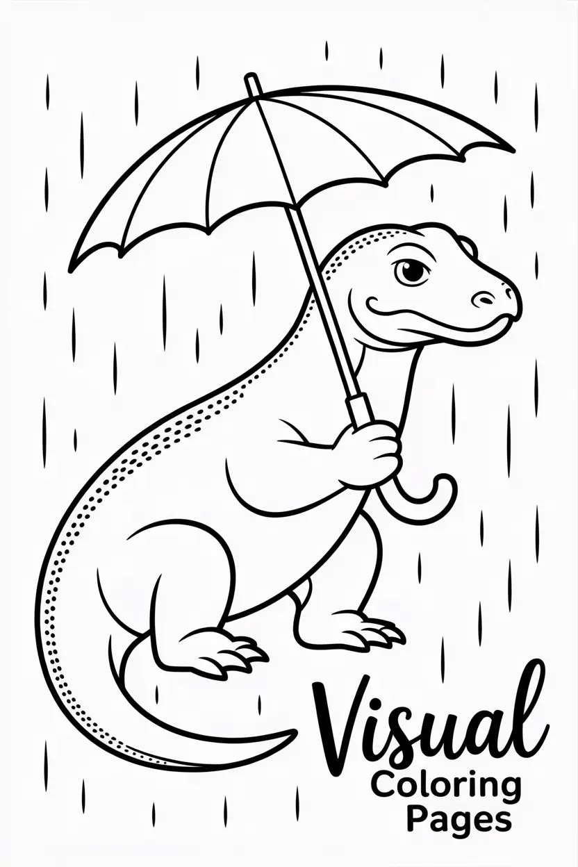 komodo dragon holding a leaf umbrella in the rain