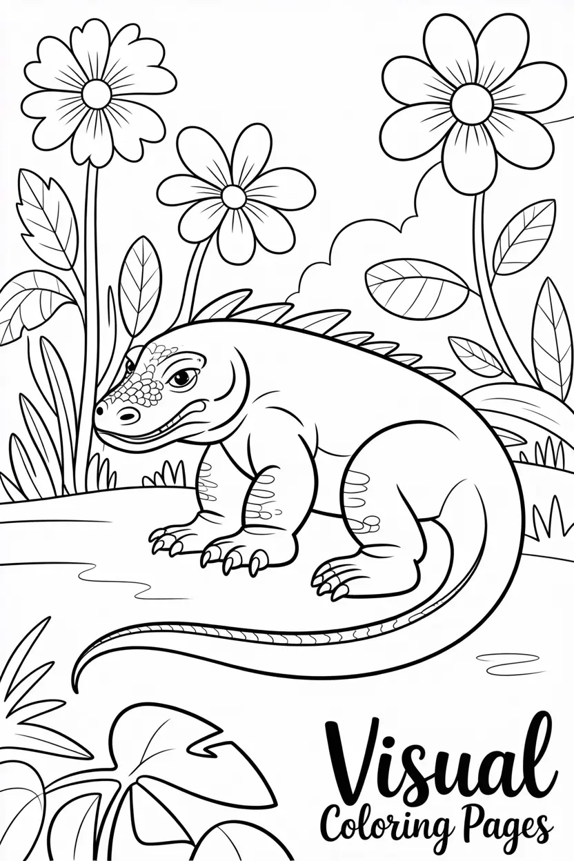 komodo dragon in a fantasy jungle with giant flowers
