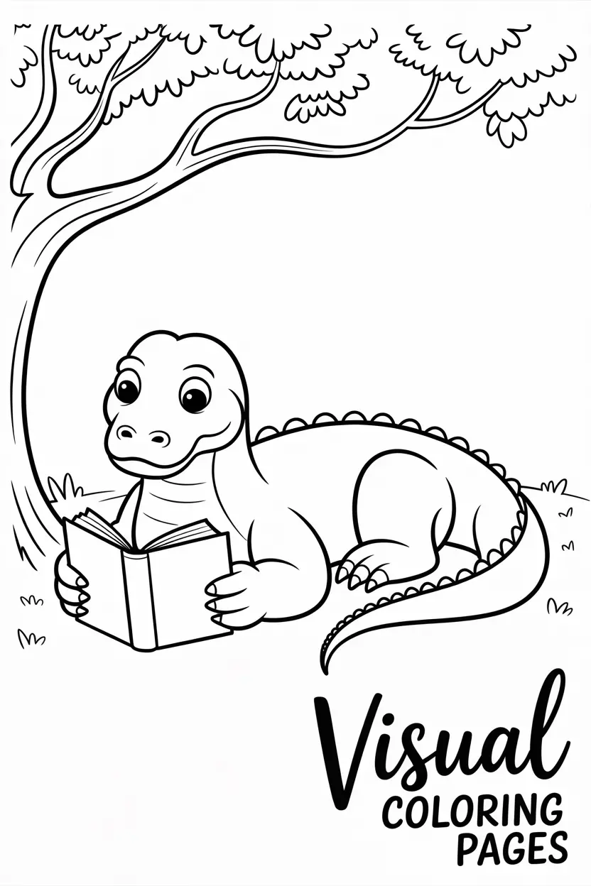 komodo dragon lying under a tree reading a book