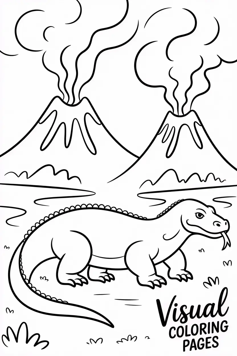 komodo dragon near volcano mountains with smoke