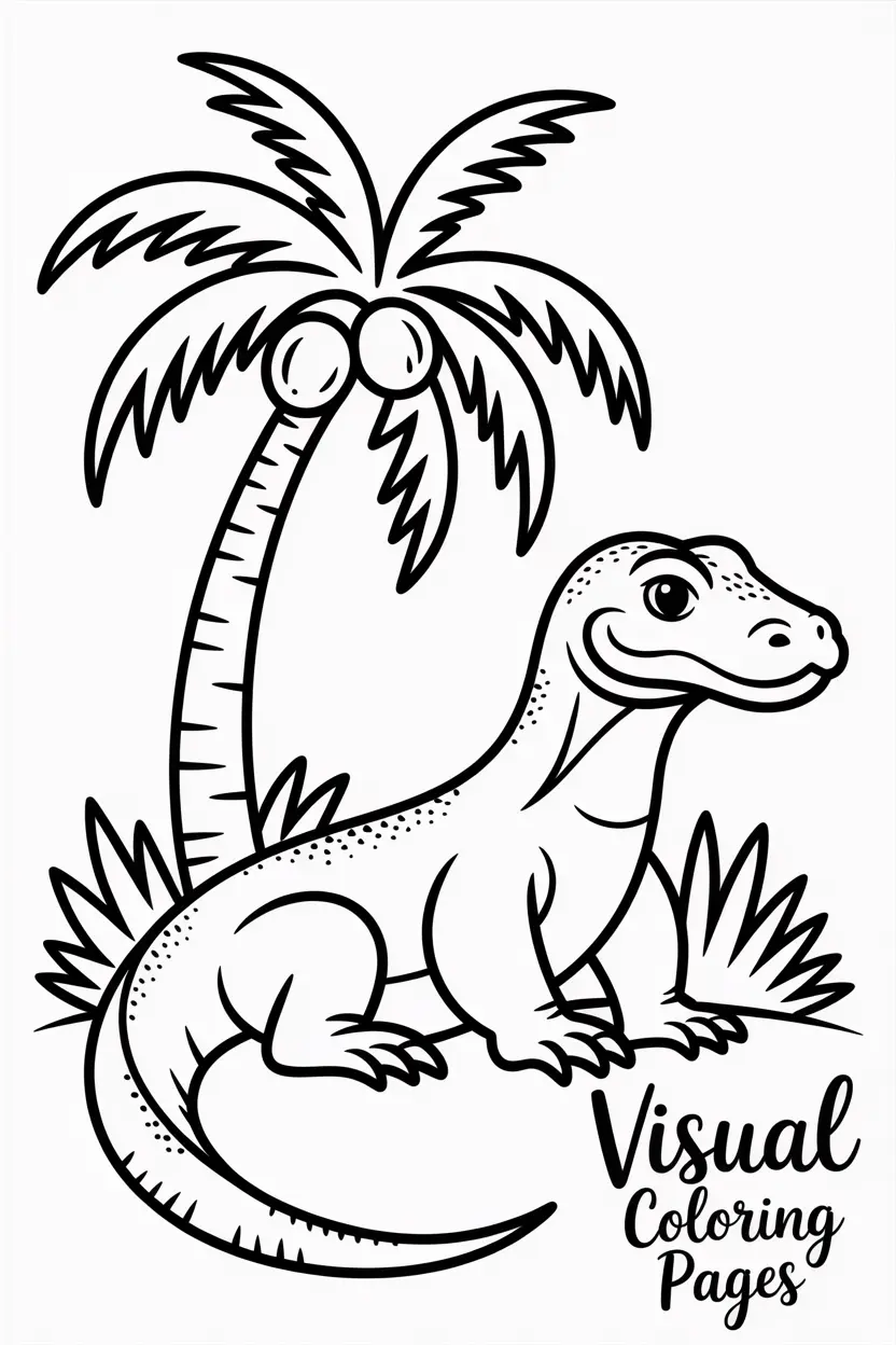 komodo dragon sitting beside a palm tree with coconuts