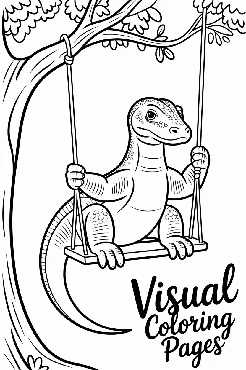 komodo dragon sitting on a swing hanging from a tree
