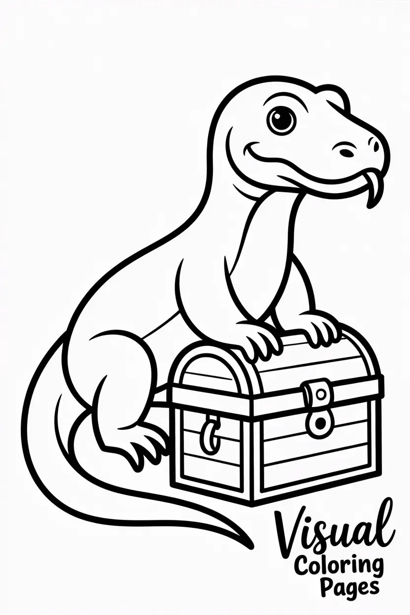 komodo dragon sitting on a treasure chest like a pirate