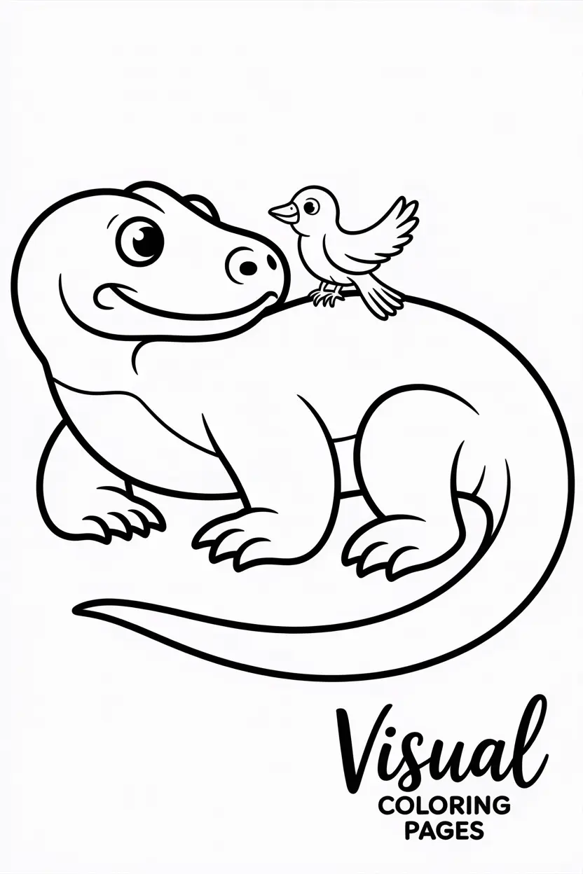 komodo dragon smiling at a small bird on its back