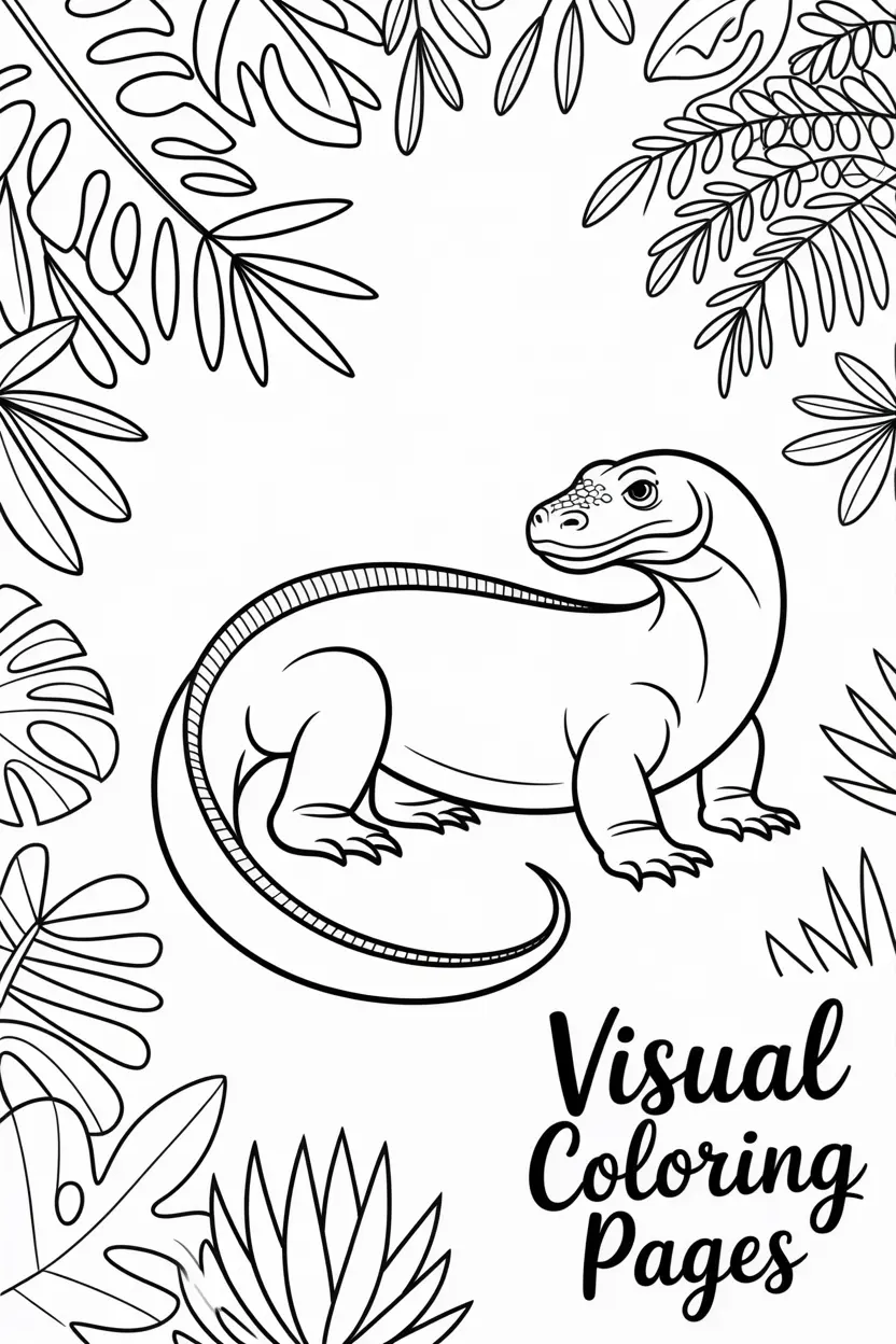 komodo dragon surrounded by tropical plants