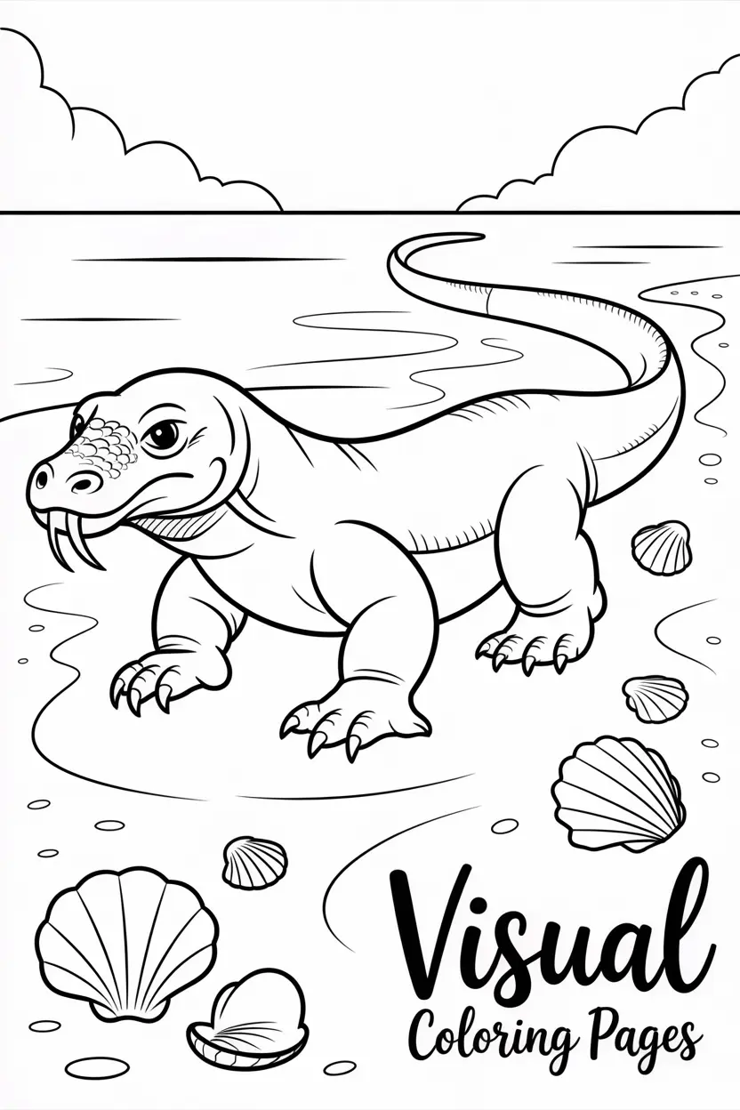 komodo dragon walking on the beach near seashells