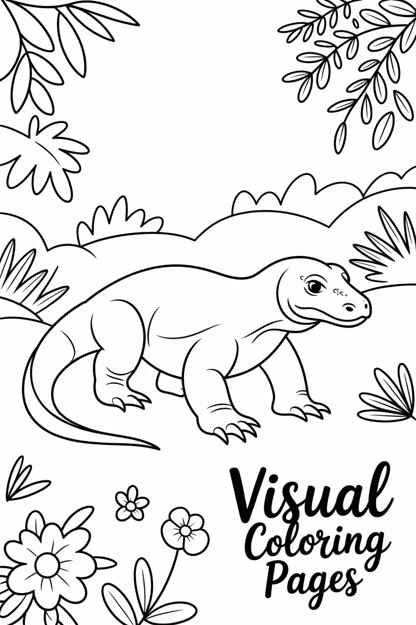 komodo dragon walking slowly in the jungle with flowers and leaves around