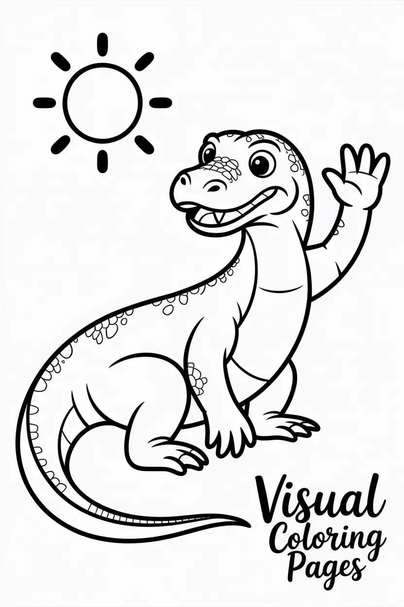 komodo dragon waving to the sun with a big smile