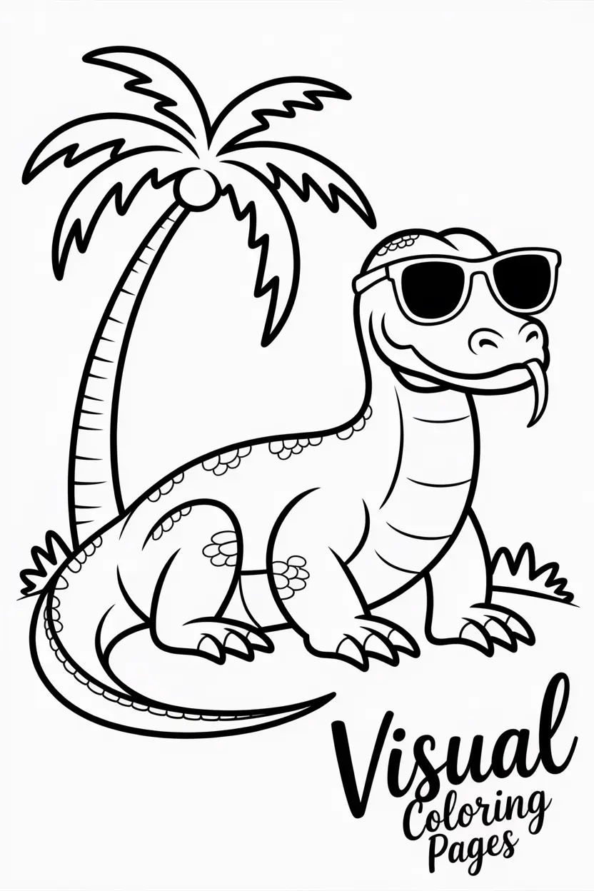 komodo dragon wearing sunglasses under a palm tree