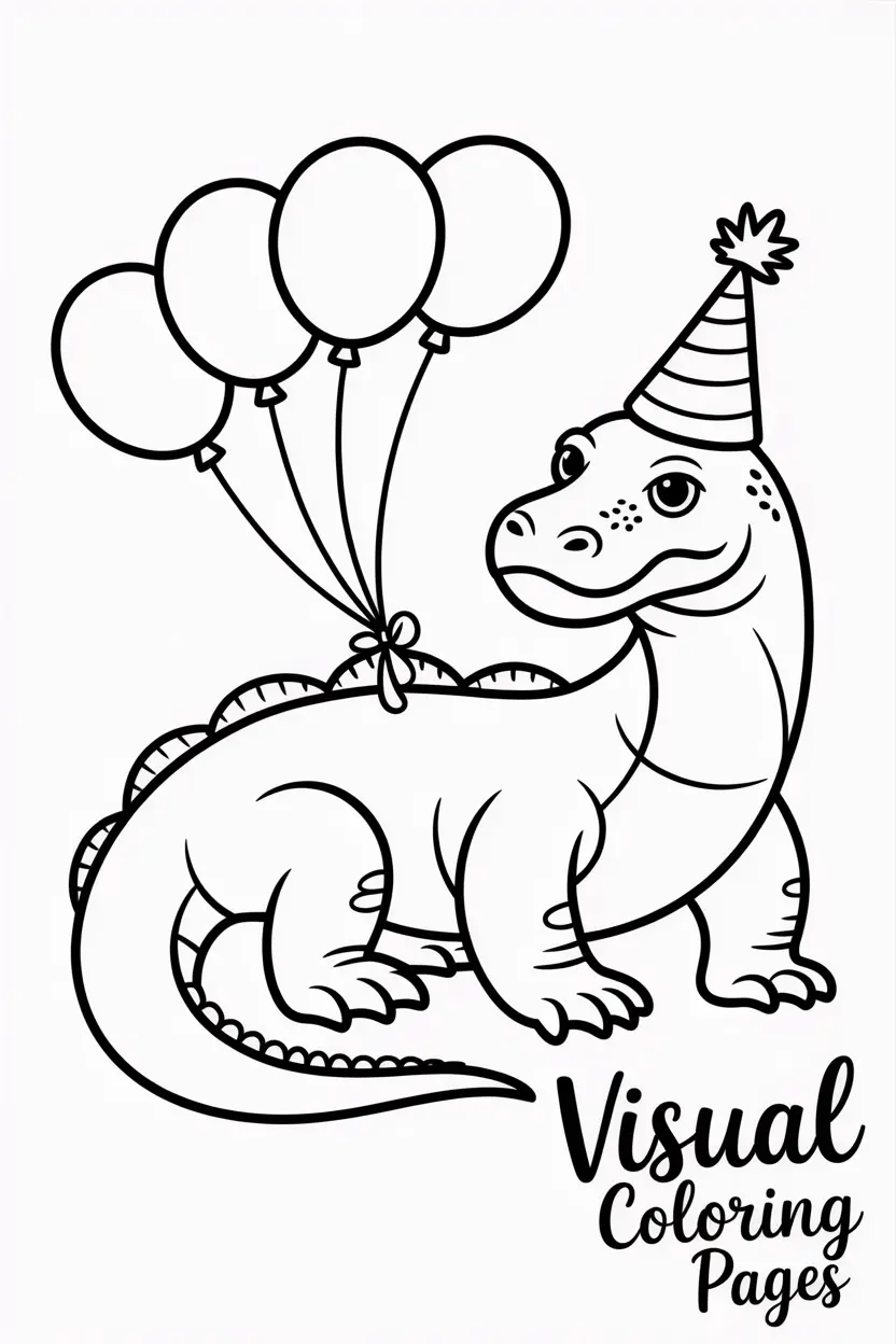 komodo dragon with a birthday hat and balloons