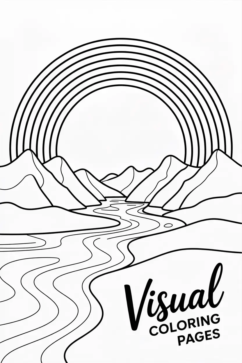 large rainbow arching over mountains and a river