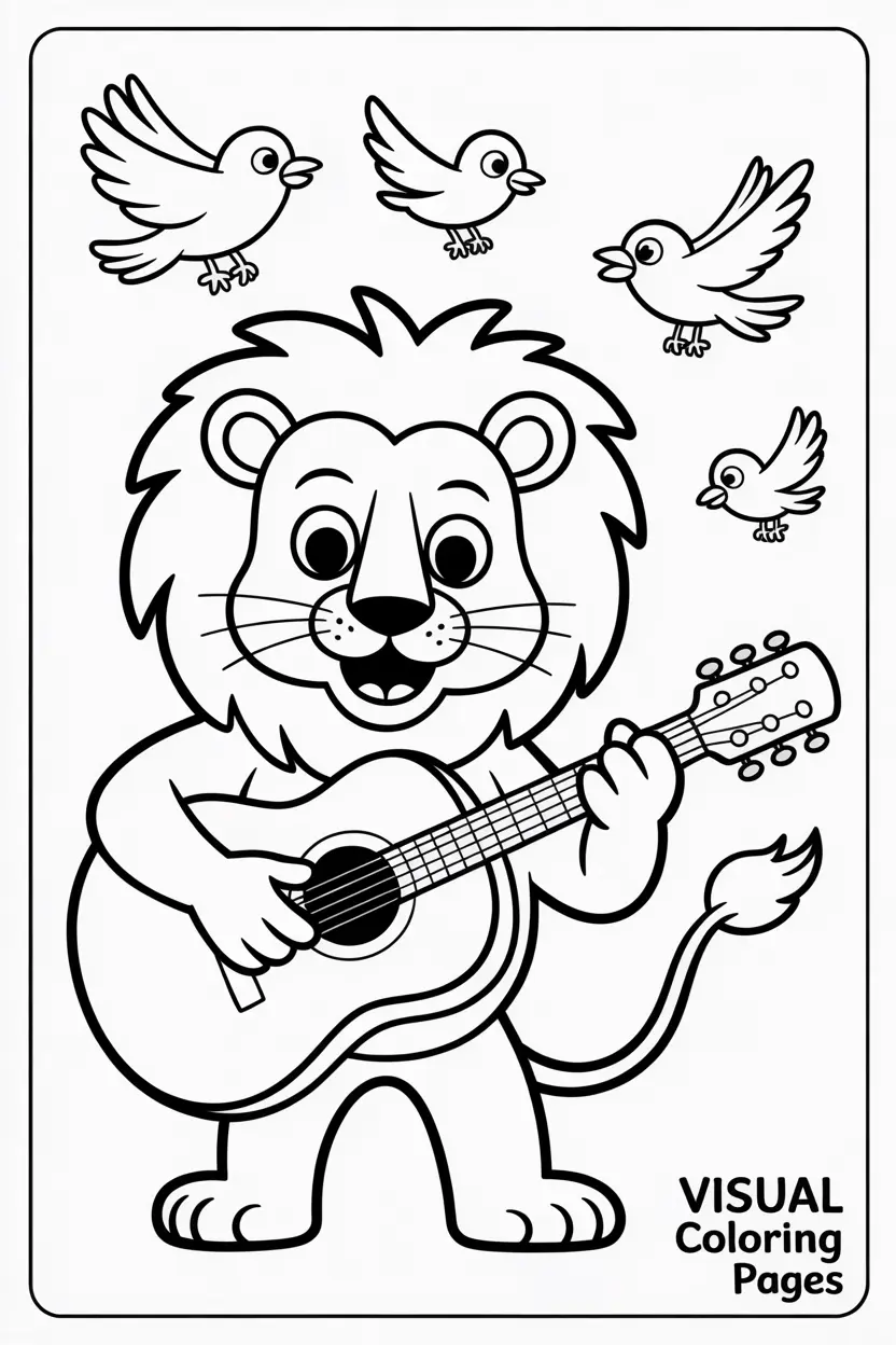 lion playing guitar while birds sing along kids