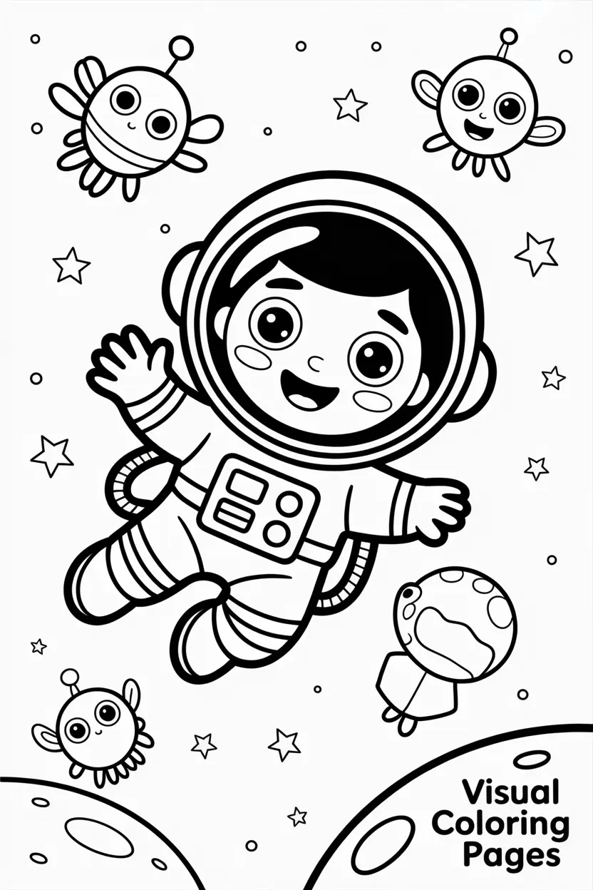 little astronaut floating in space with friendly alien friends kids
