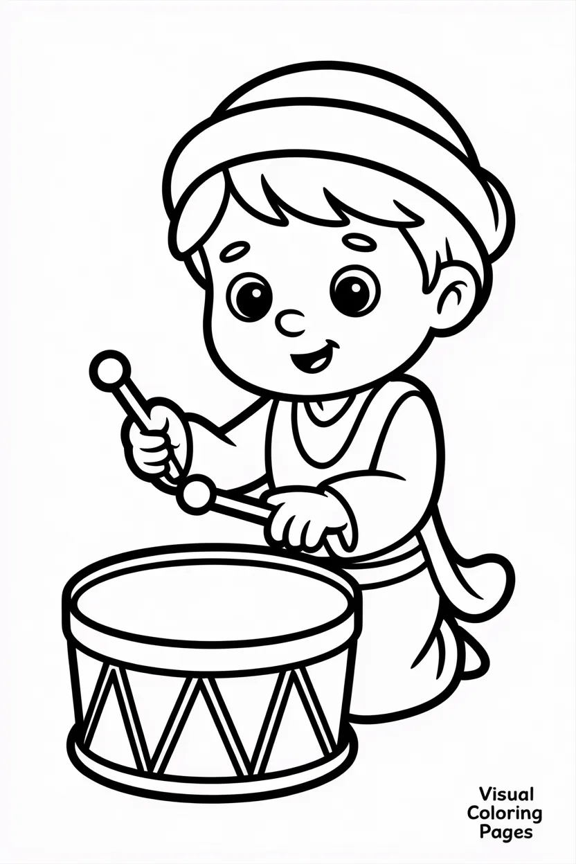 little drummer boy playing drum near manger
