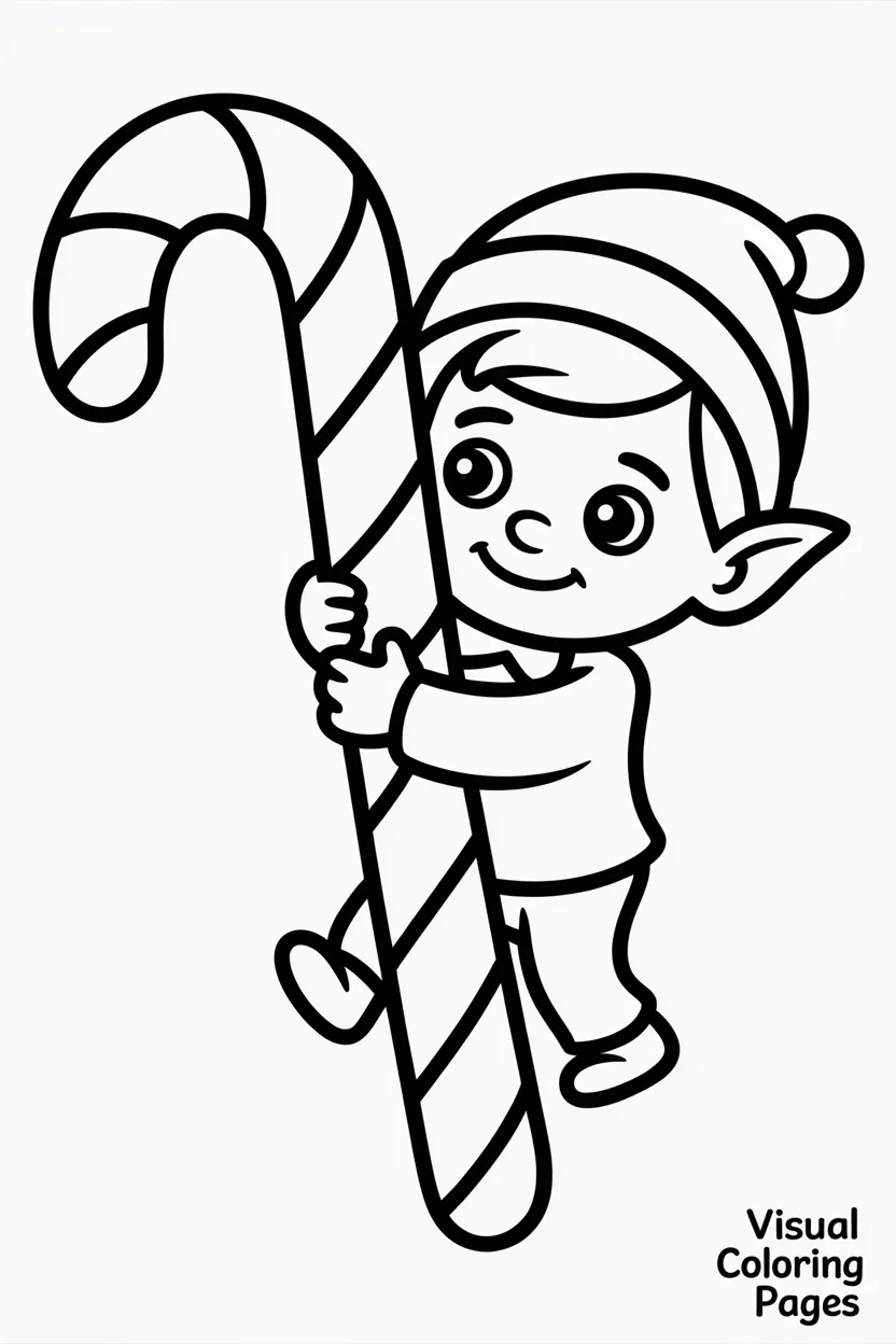 little elf hugging a giant candy cane