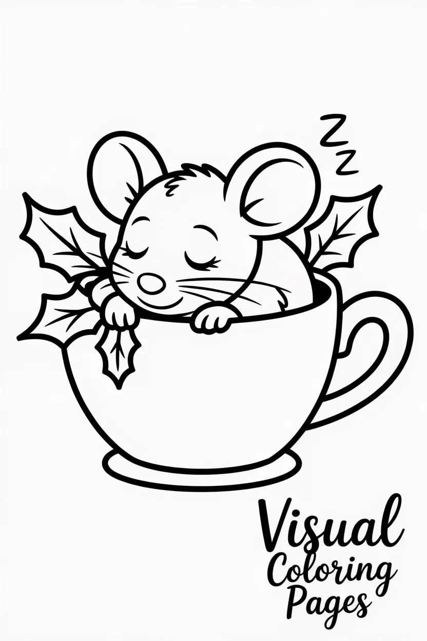 little mouse sleeping in a teacup with holly leaves