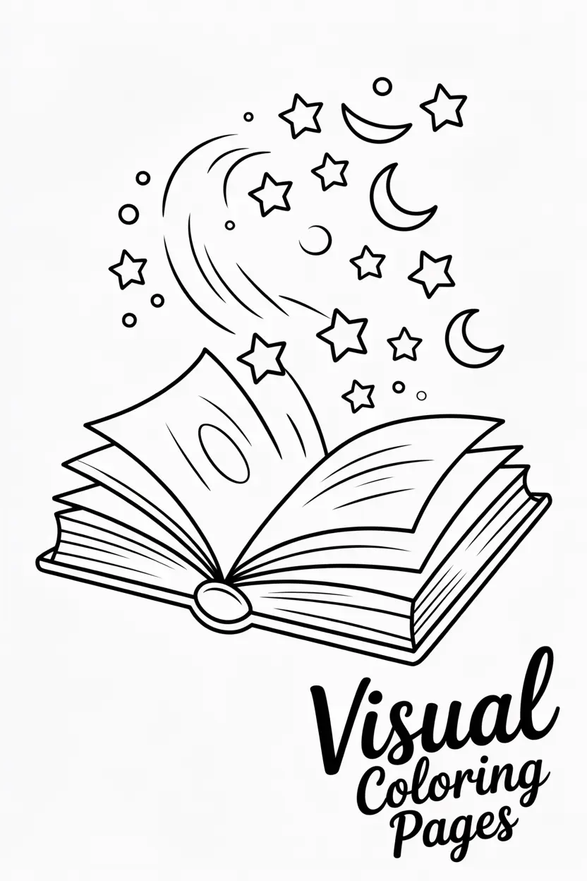 magical book with stars and moons flying out of it