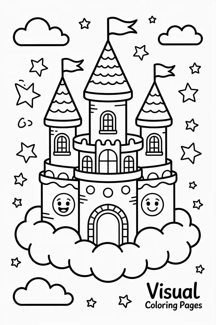 magical castle floating on clouds with stars and smiling faces kids