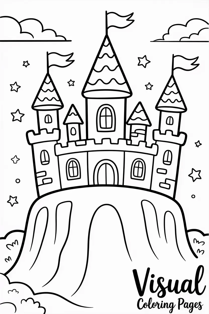 magical castle on a hill with flags and stars coco