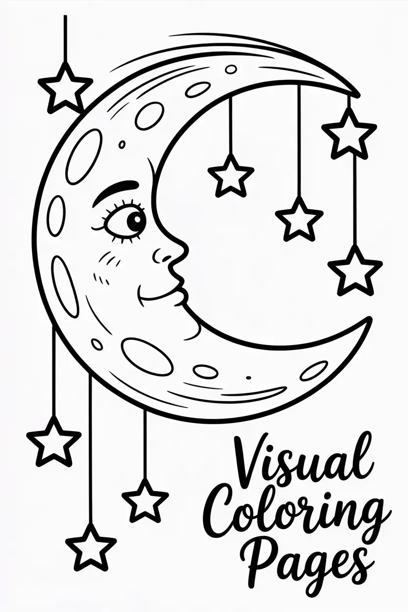 magical shooting moon with stars hanging from strings