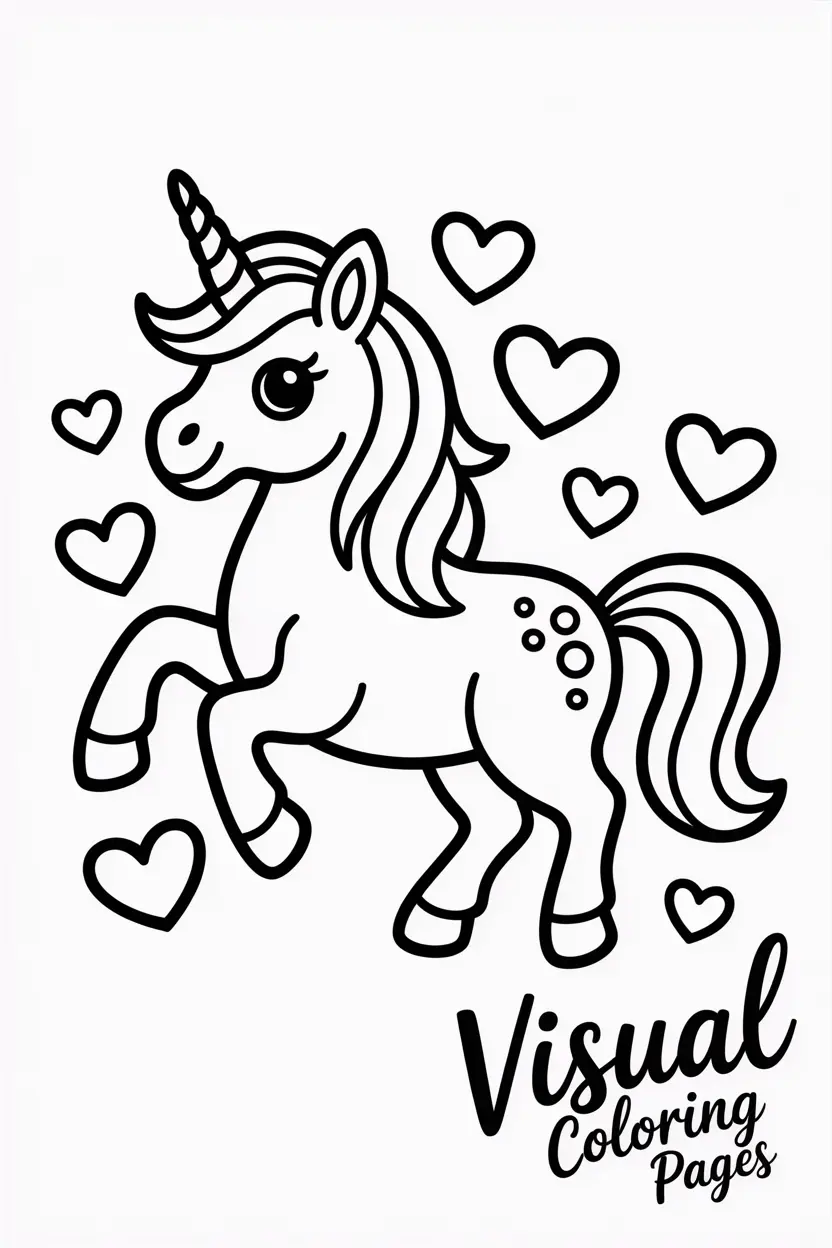 magical unicorn surrounded by floating hearts