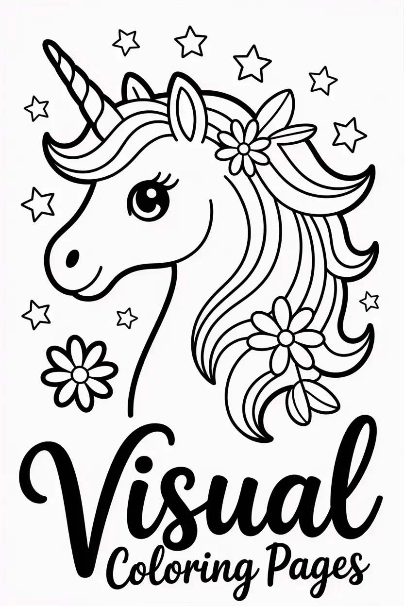 magical unicorn with a flowing mane decorated with stars and flowers