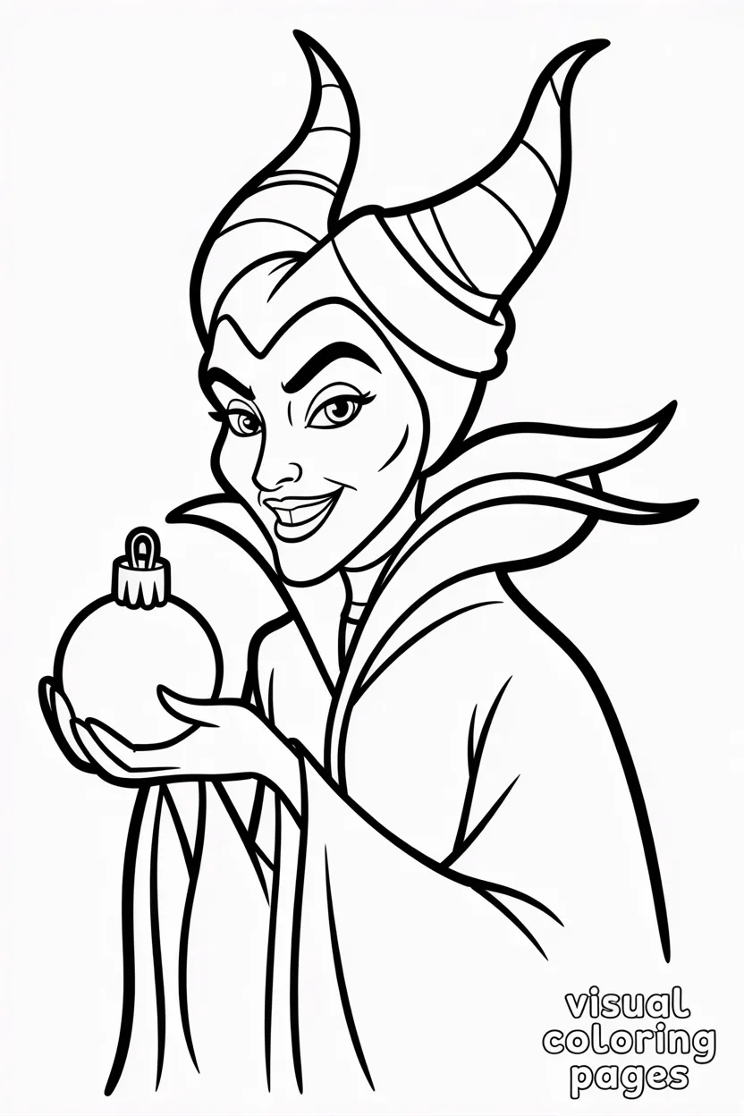 maleficent wearing a santa hat holding a glowing christmas ornament