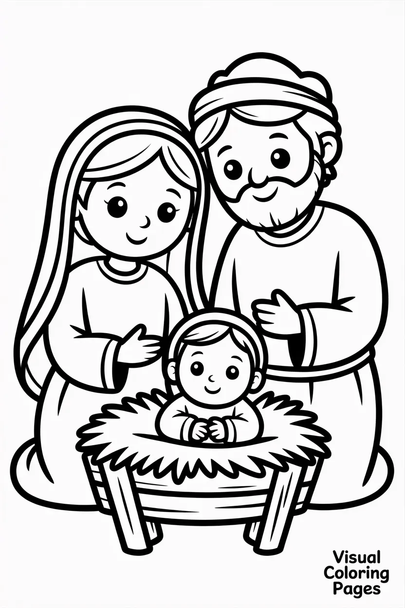 mary and joseph smiling while looking at baby Jesus in the manger