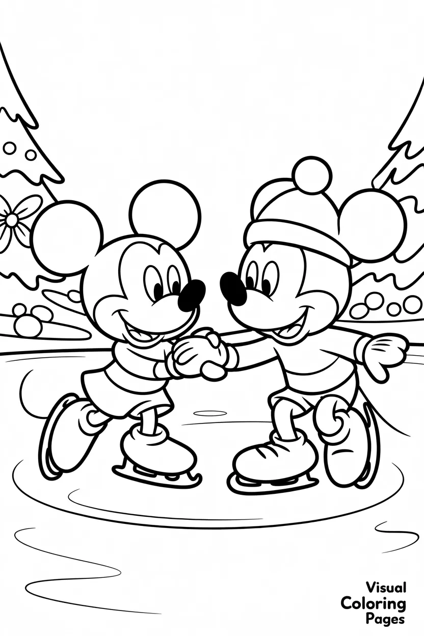mickey and minnie ice skating on a frozen lake with christmas decorations around