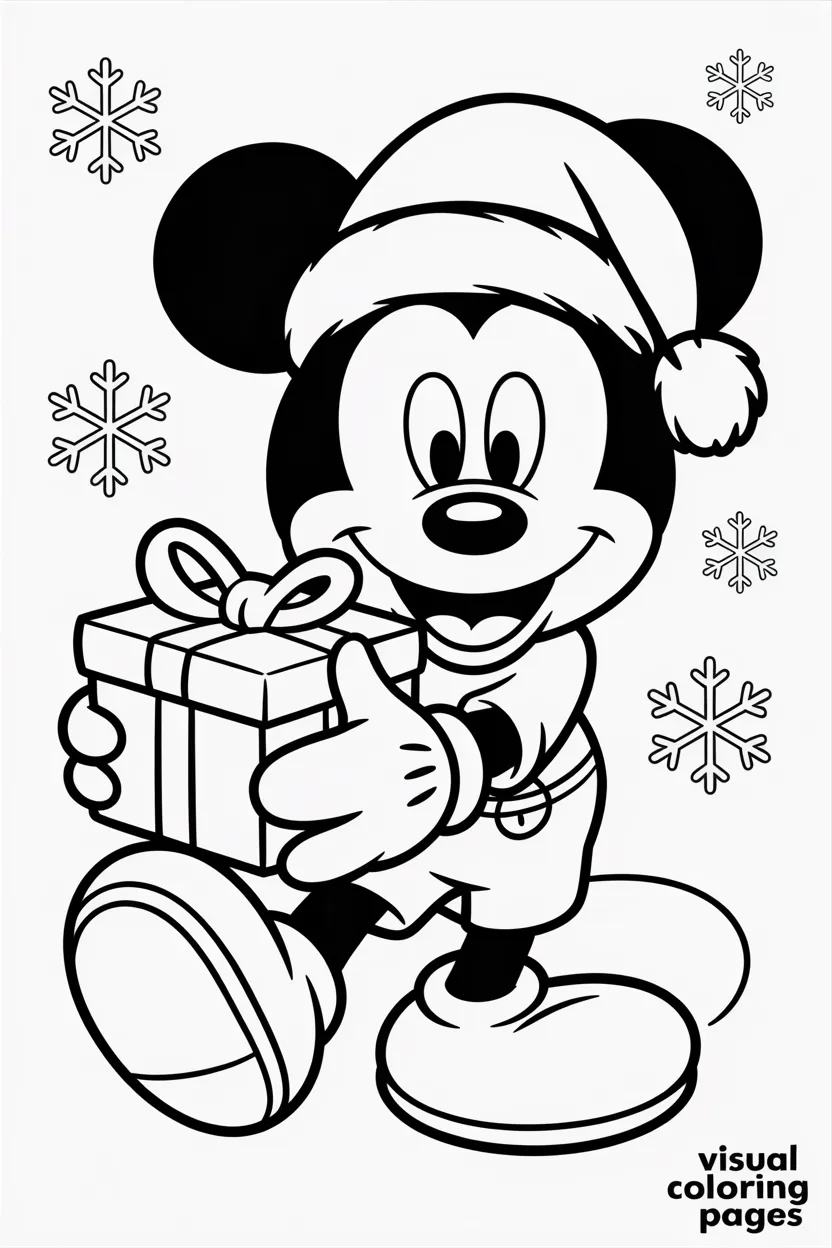 mickey mouse wearing a santa hat holding a gift box