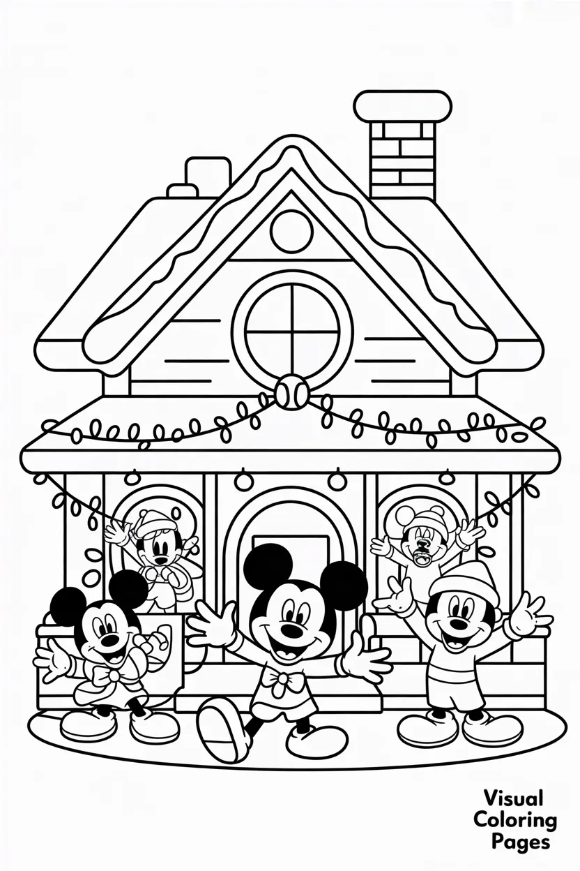 mickeys house decorated with christmas lights characters celebrating in front