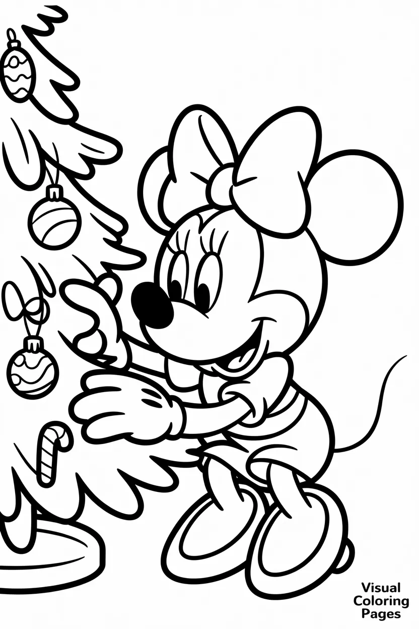minnie mouse decorating a christmas tree with ornaments and candy canes