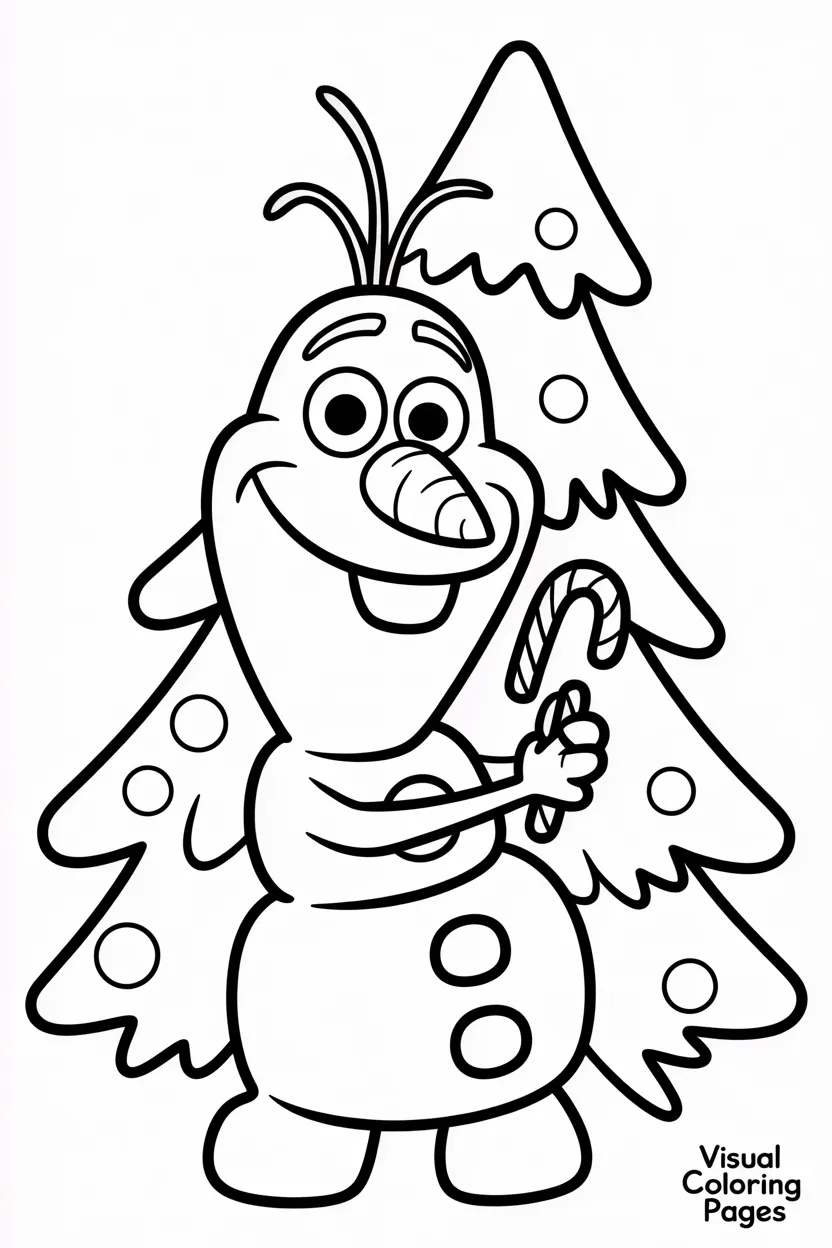 olaf from frozen holding candy canes with a decorated christmas tree behind him
