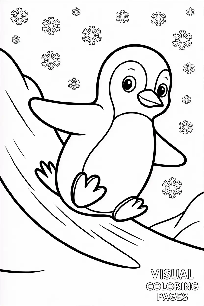 penguin sliding down an icy hill with snowflakes falling kids