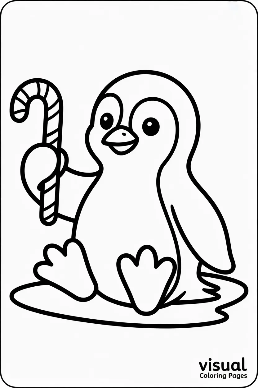 penguin sliding on ice holding a candy cane