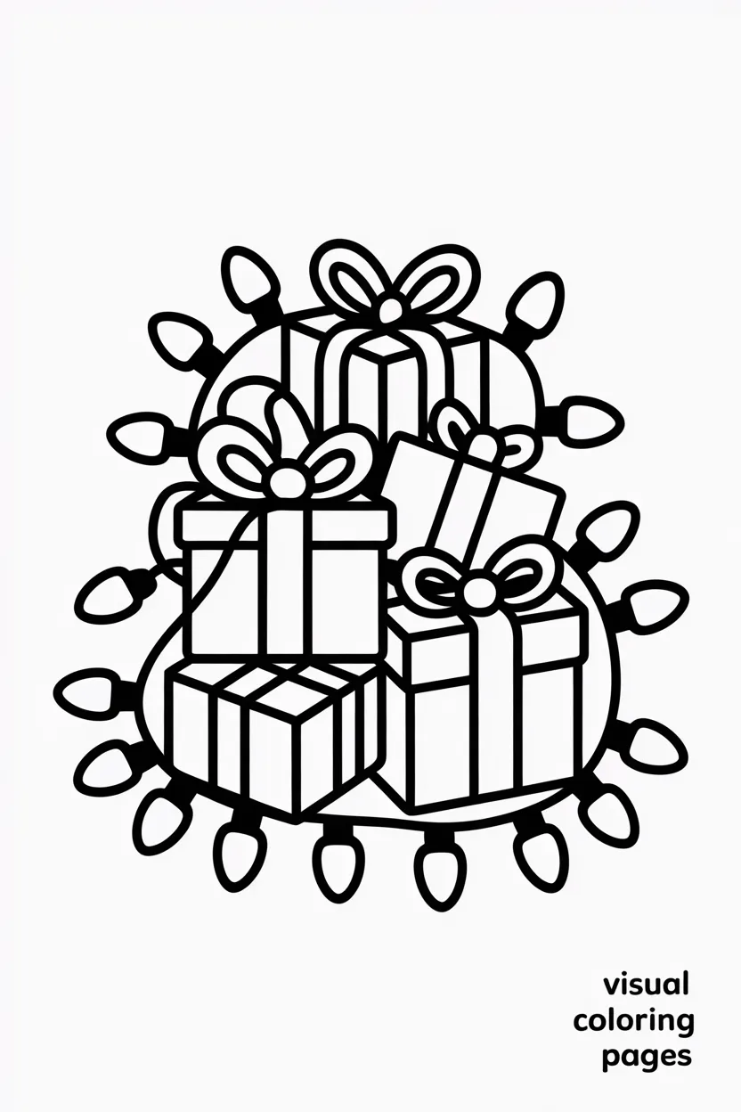 pile of presents surrounded by christmas lights