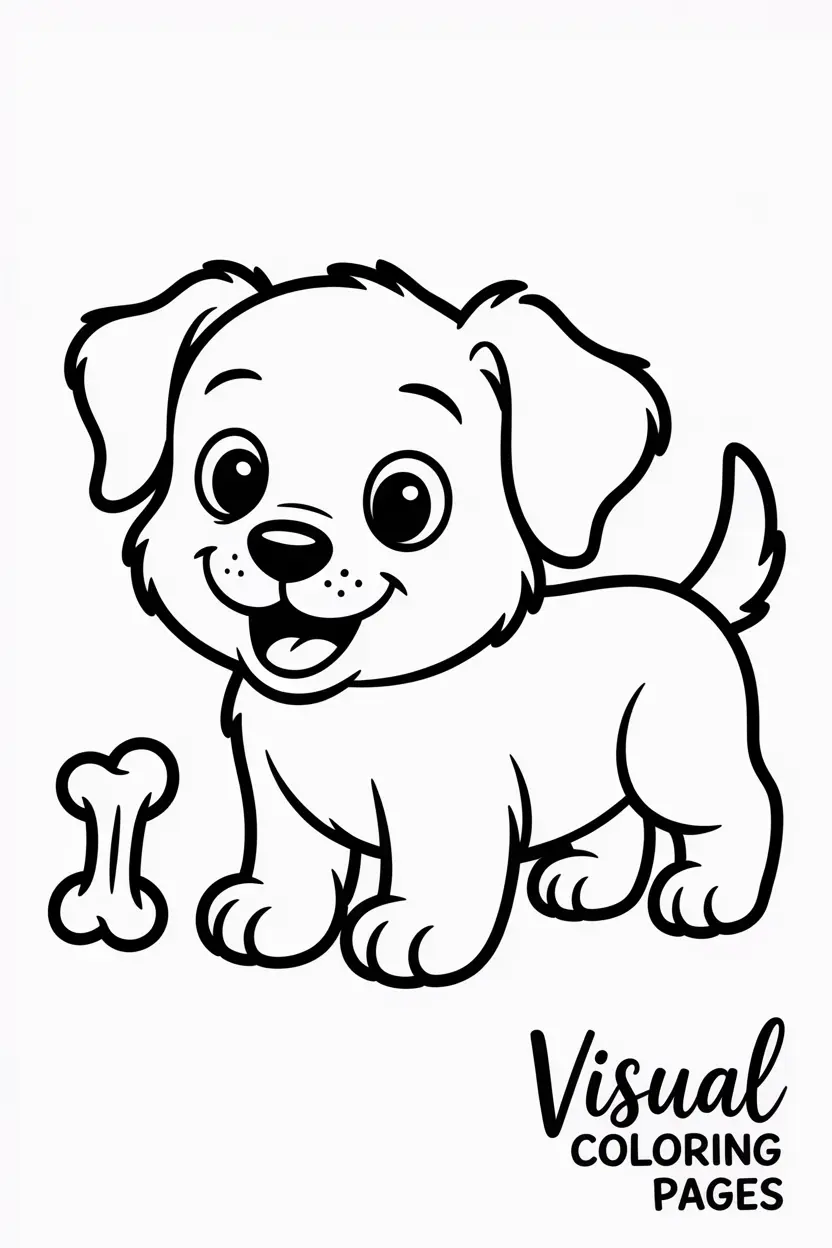playful puppy wagging its tail with a bone nearby