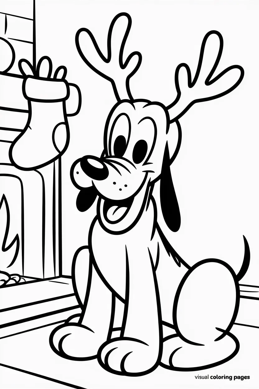 pluto with reindeer antlers sitting near a christmas stocking by the fireplace