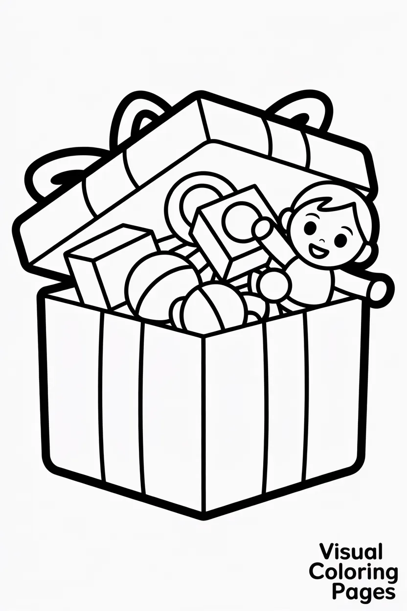 present with toy blocks balls and dolls spilling out