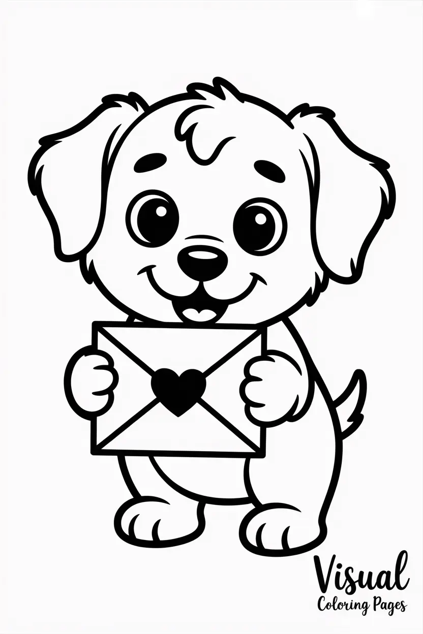 puppy holding an envelope with a heart stamp