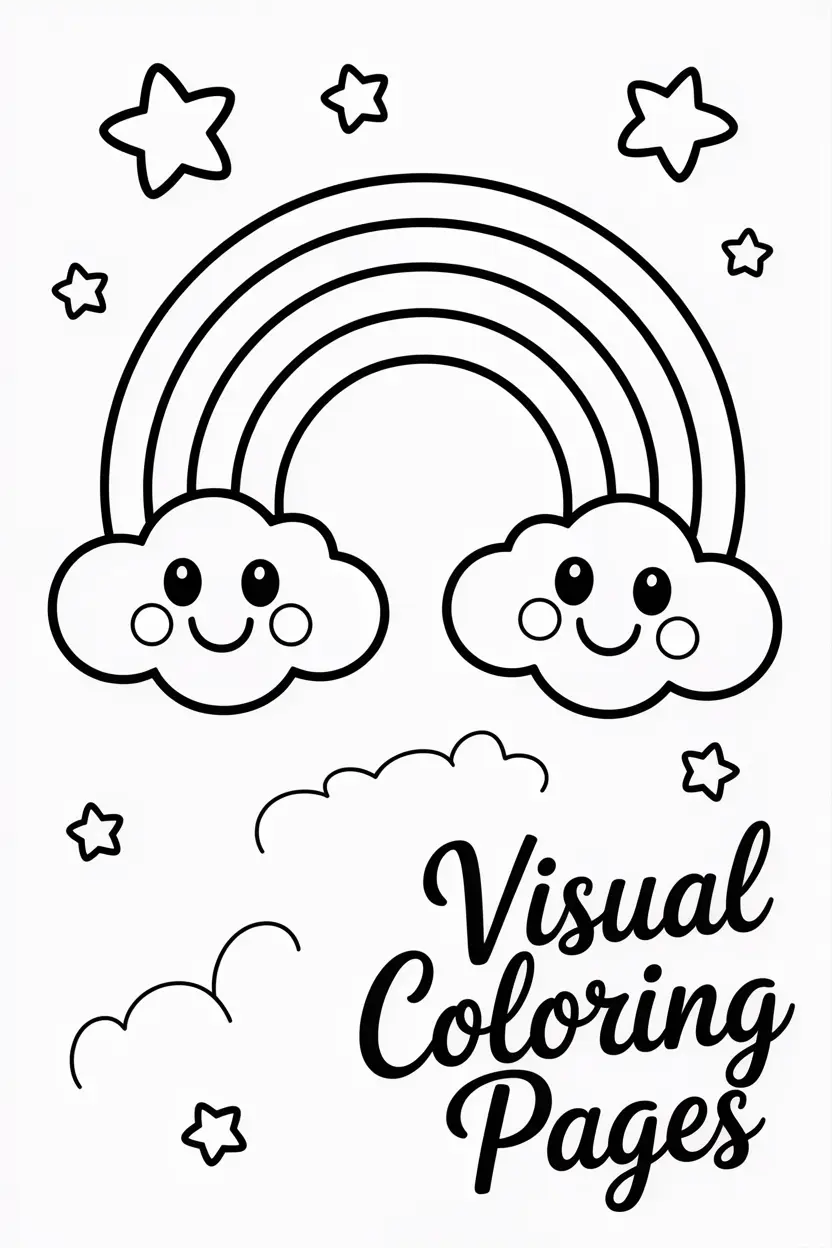 rainbow with smiling clouds and stars around it coco